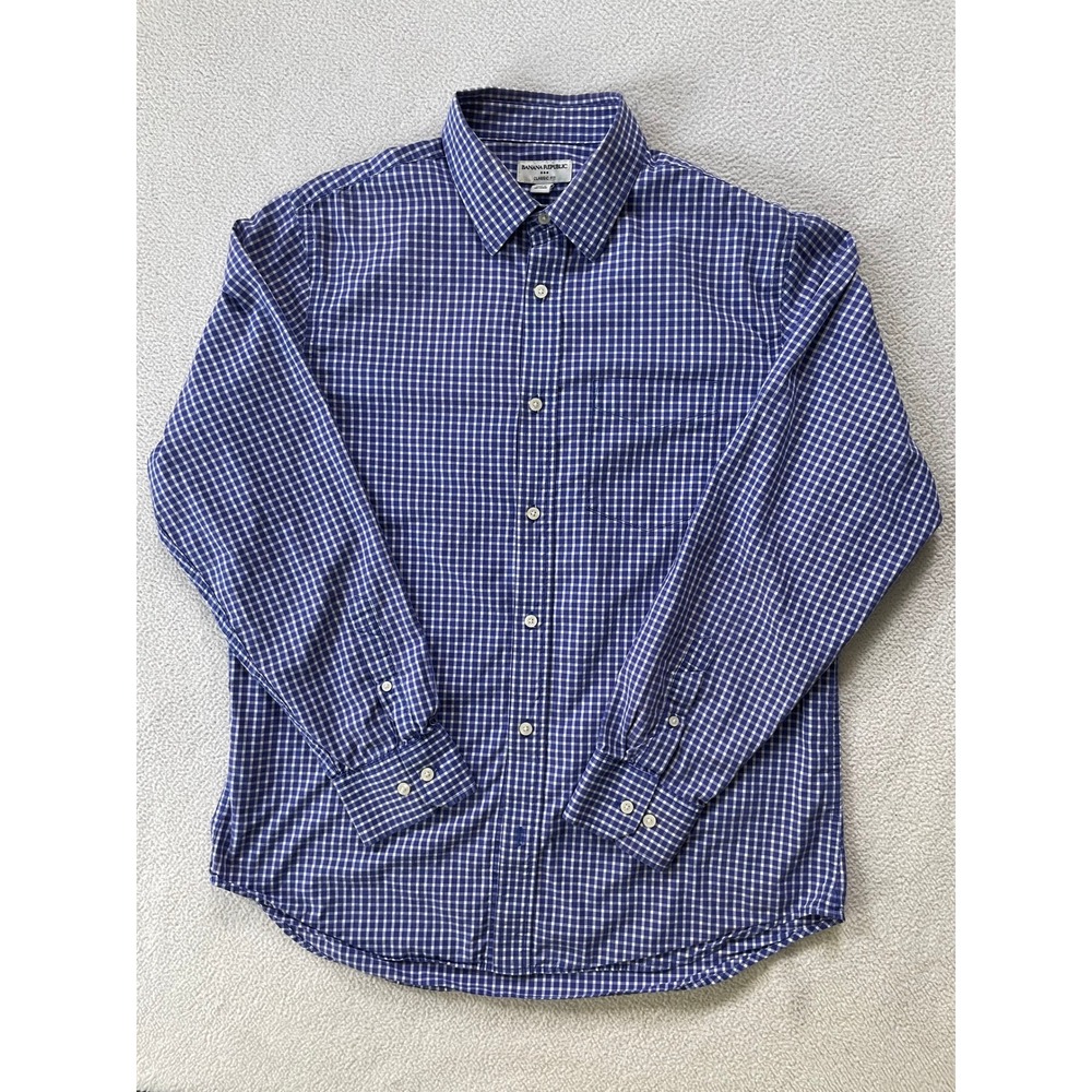 Banana Republic Mens Large Button Down Shirt Blue Plaid Classic Fit Long Sleeve